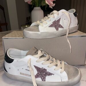 Golden Goose White Sneakers with Pink Glitter Star